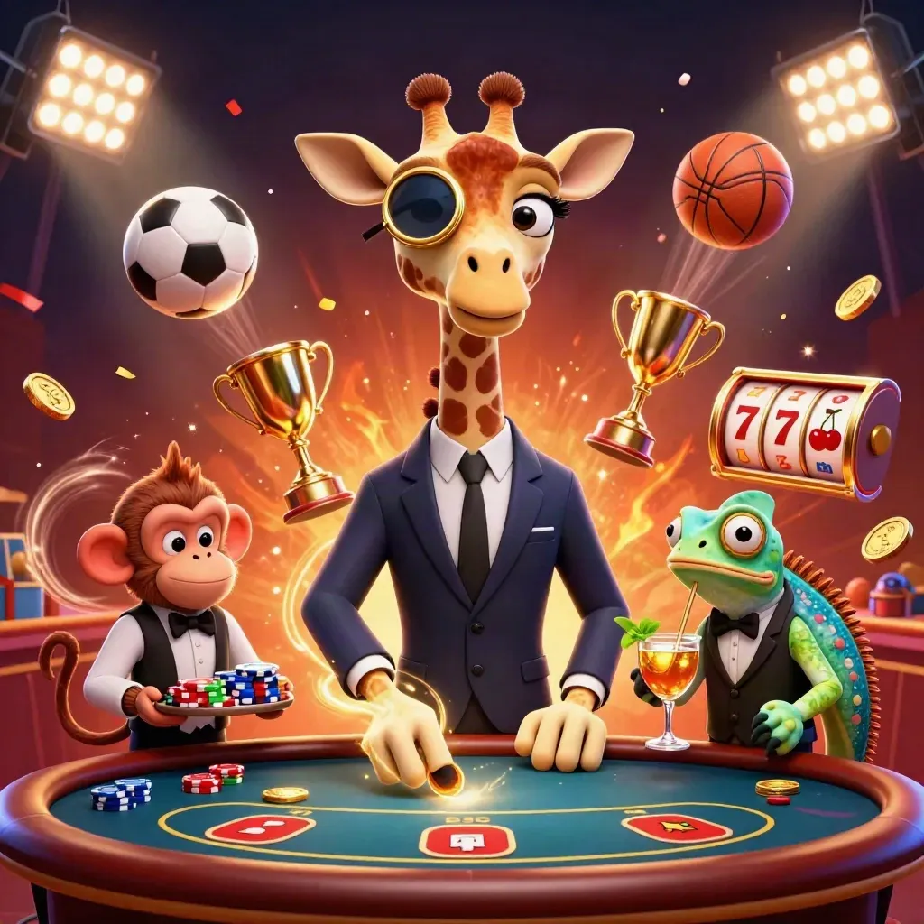 A giraffe high-roller, monkey valet, and chameleon bartender amid casino action and glowing game effects.