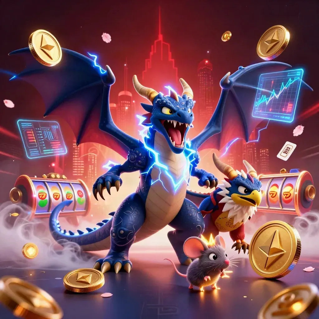 Thunder dragon, wind hawk, and static mouse amid casino coins and lightning on a dark red skyline.