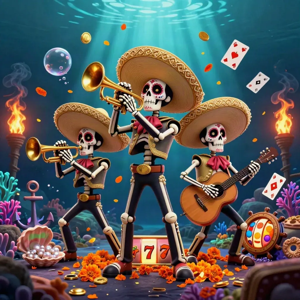 Skeleton mariachi trio in a glowing treasure cove with coins, coral, cards and slot symbols.