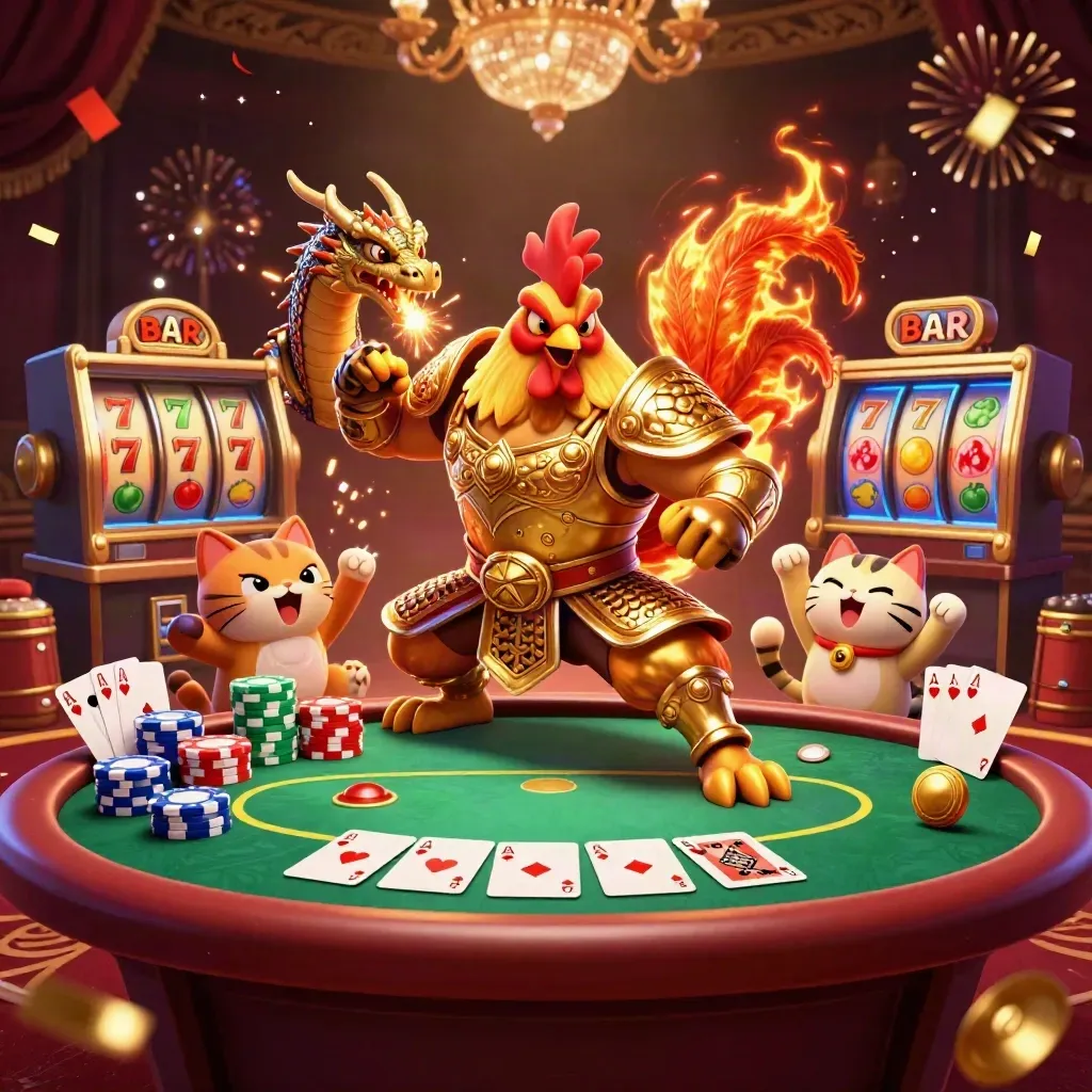 Rooster warrior, dragon hatchling, and fortune-cat amid casino chips and sparkling reels