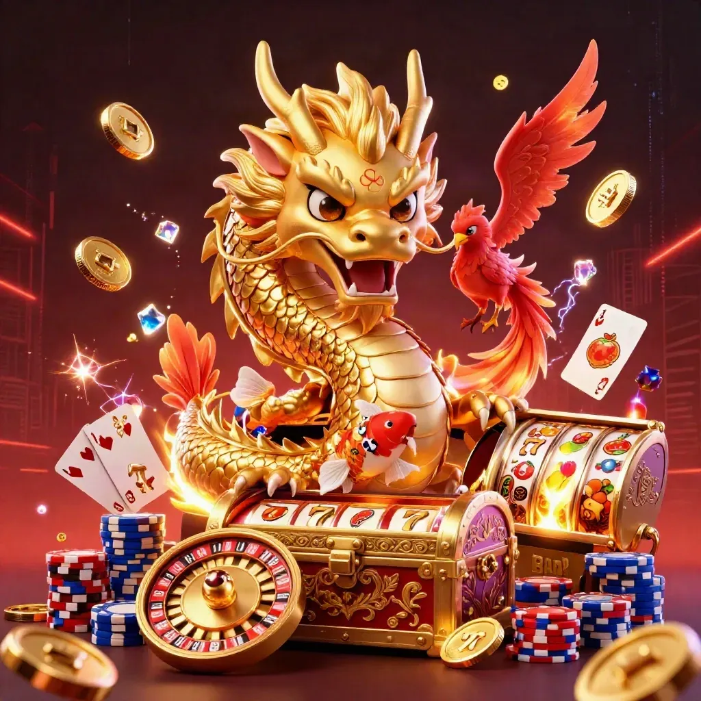 Golden dragon with phoenix and koi amid casino riches, neon-lit against a dark skyline.
