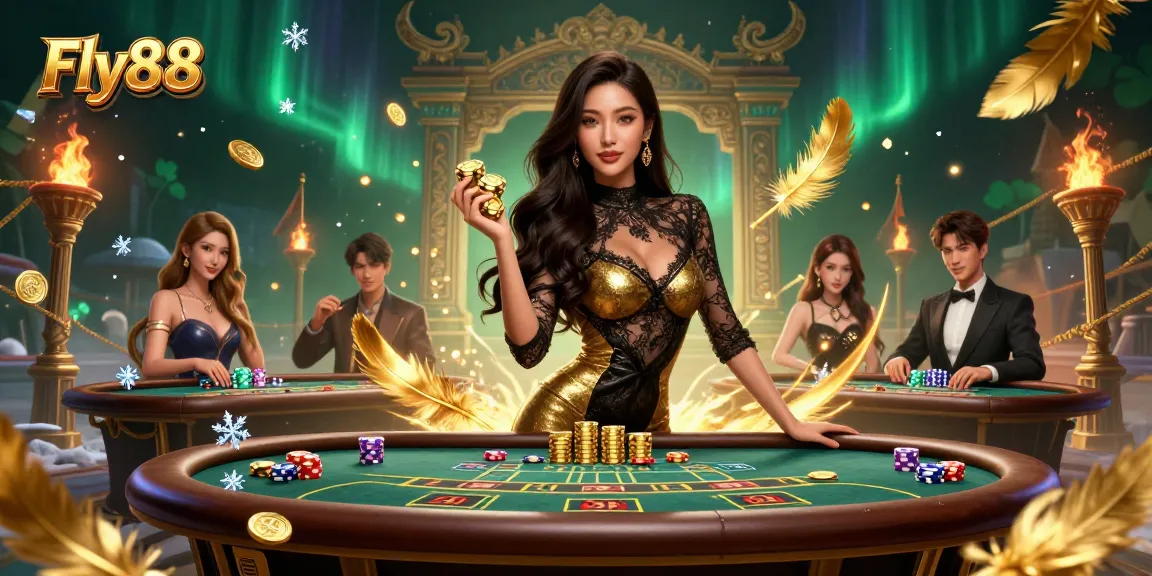 Experience the excitement of gambling at Fly88 with a glamorous player at a VIP baccarat table.