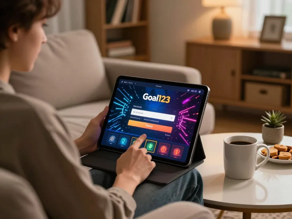 Logging into Goal123 on a tablet in a cozy home setting, engaging with online casino gaming.