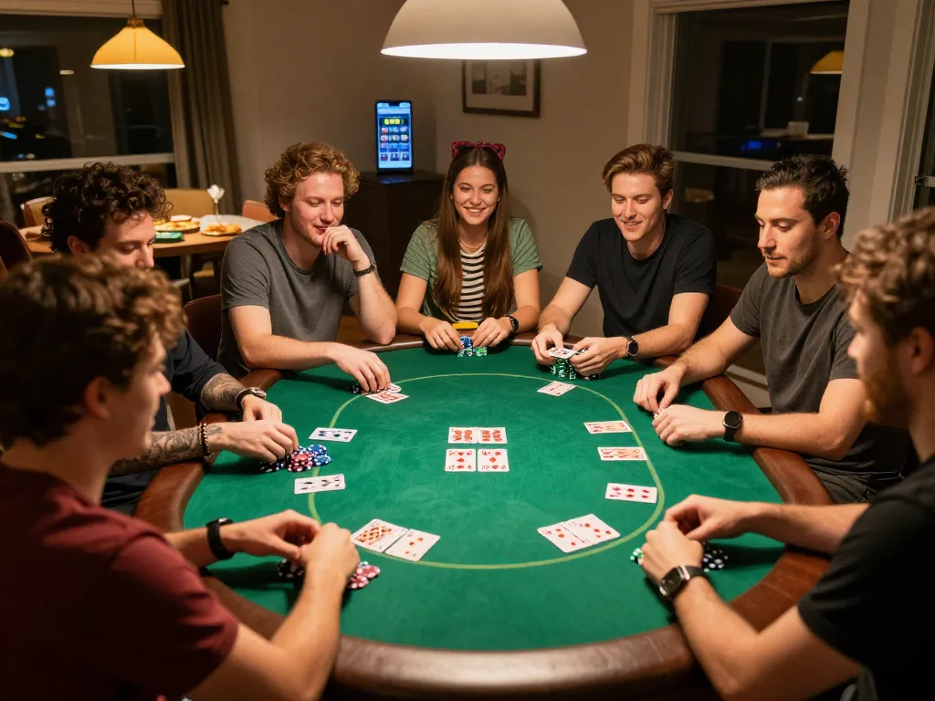 Friends enjoying a lively poker game while exploring sunwin betting options on a smartphone.