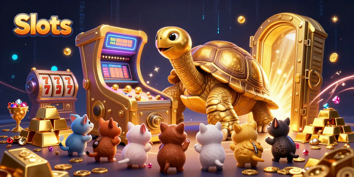 Experience thrilling Slots with a golden tortoise pinball machine and a treasure vault bursting with riches.