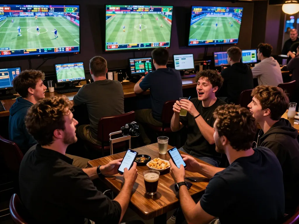may88 players enjoying a thrilling sports betting experience in a vibrant bar setting