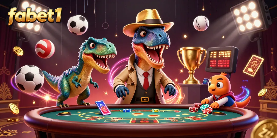fabet1 showcases a vibrant scene of a velociraptor card counter and friends at a casino table.