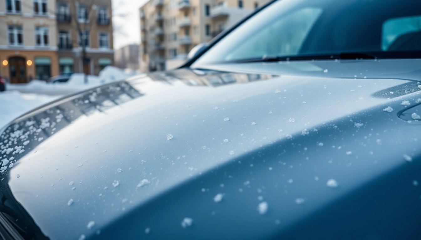 PPF winter road salt protection on a vehicle’s glossy surface in a snowy urban setting.