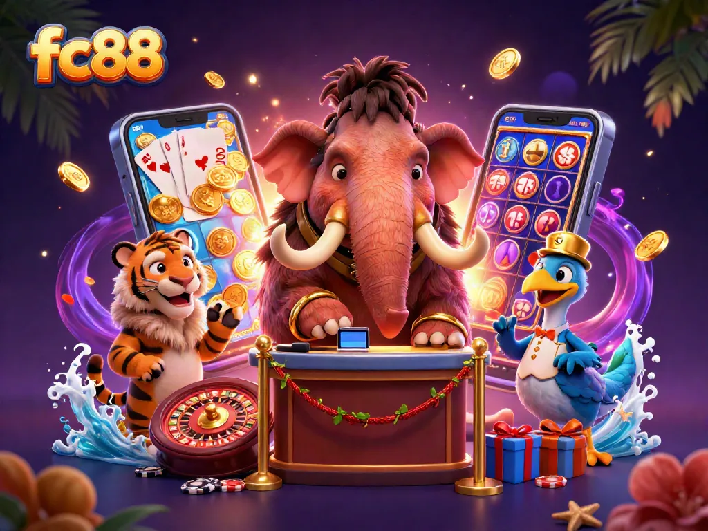 Spin to win exciting slot games at fc88 with animated characters and vibrant casino elements.