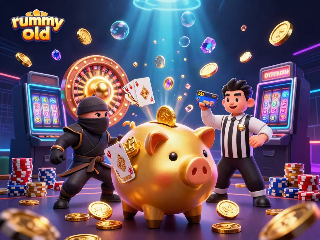 Experience the thrill of rummy old with a lively scene featuring a golden piggy bank sumo wrestler, wallet-ninja, and credit-card samurai.