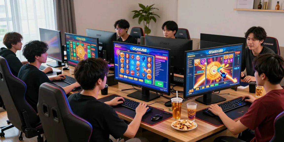 Exciting group of friends playing OSAKA88 login games with vibrant visuals and jackpot displays.