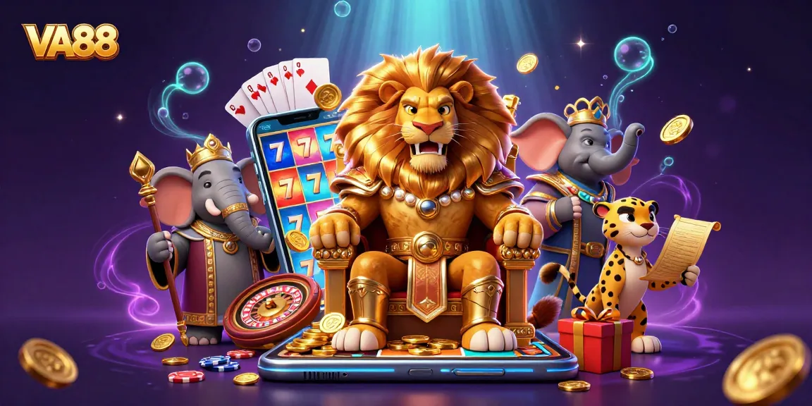 Spin and win big with VA88's vibrant casino illustration featuring towering characters and exciting games.