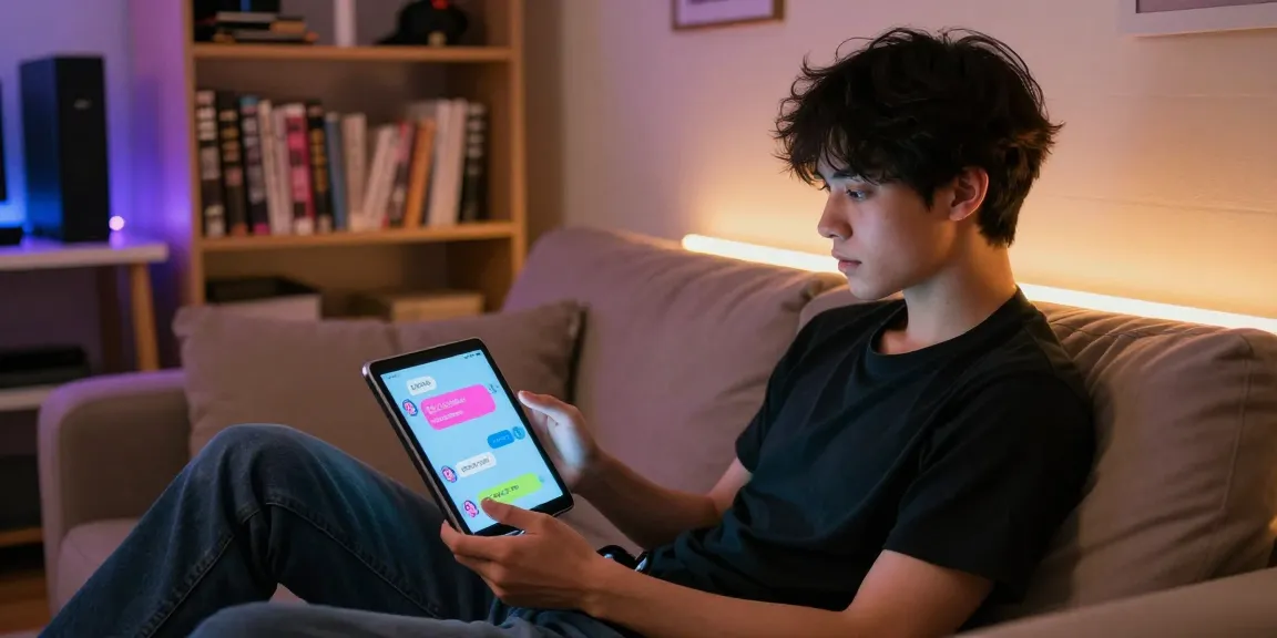 Engaging scene of a user interacting with hentai ai chatbot in a cozy room, featuring vibrant chat bubbles and ambient lighting.
