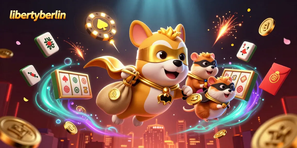 Libertyberlin showcases a superhero dog in a golden cape, symbolizing thrilling online gambling adventures.