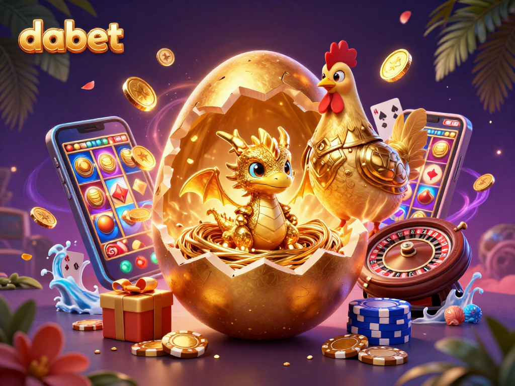 Dabet reveals a dazzling baby dragon in gold amidst a vibrant casino scene, showcasing thrilling gaming excitement.