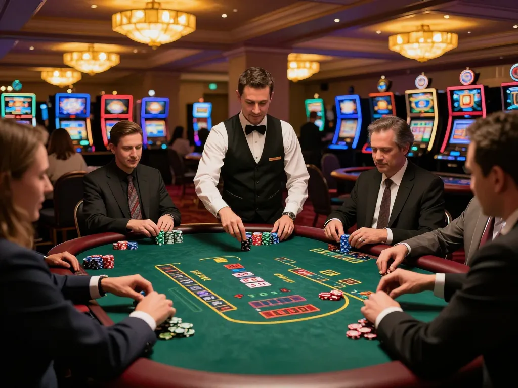 Players strategizing at blackjack tables on 7-hd, illuminated casino ambiance creates excitement