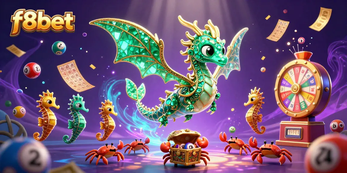 Engage with f8bet's vibrant casino game world, featuring a sea dragon amid colorful lottery elements.