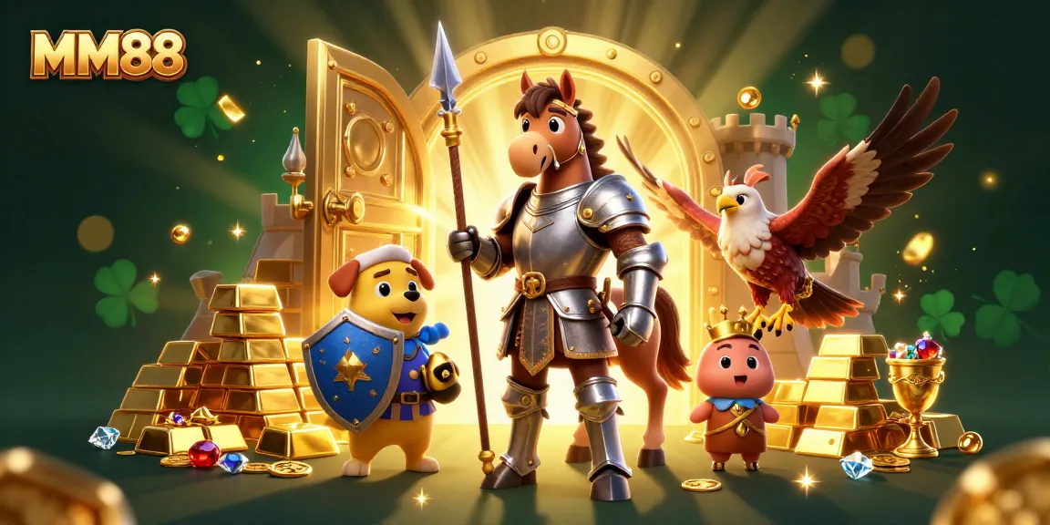 Engage with MM88's thrilling casino adventure featuring a knight, puppy, and falcon.