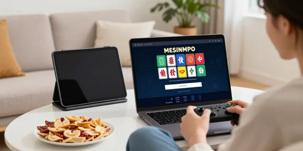 Pengguna menikmati permainan slot Mahjong di rumah melalui MESINMPO.