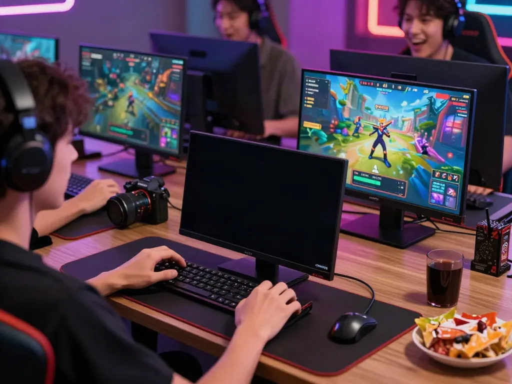 Engaging gaming scene featuring a user accessing ORION88 APK on a smartphone in a lively gaming environment.