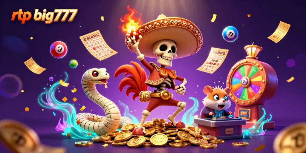 Celebrate wins on rtp big777 with vibrant characters amidst golden coins and casino games!