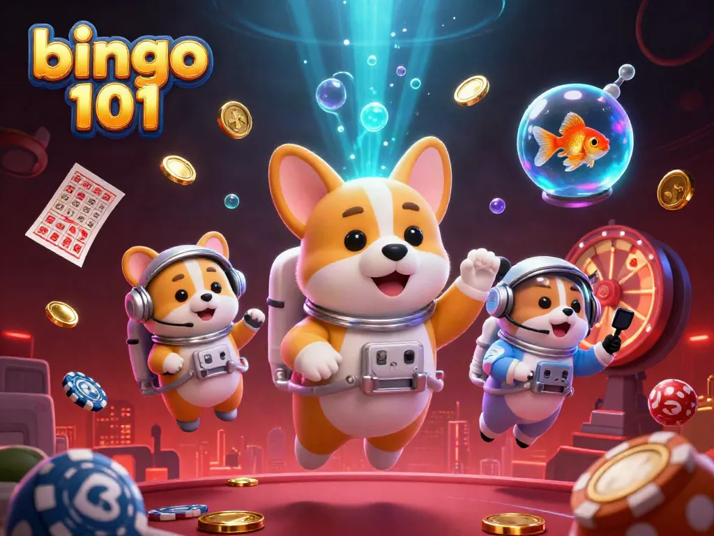 Engage in thrilling bingo 101 games with cartoon characters, vibrant visuals depicting lively casino elements.