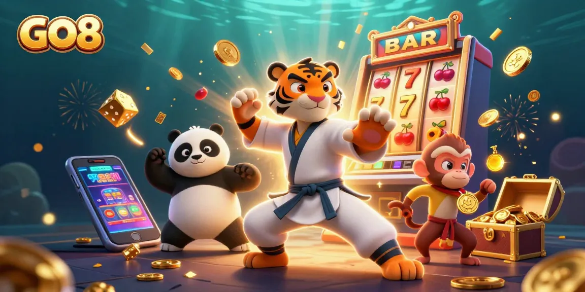 Experience vibrant gaming with the GO8 online casino, showcasing animated characters and a jackpot scene.