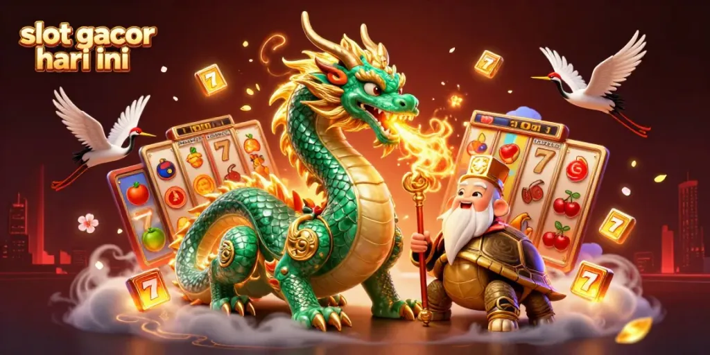 Gambarkan slot gacor hari ini dengan karakter naga zamrud yang mengeluarkan api emas dikelilingi oleh elemen permainan kasino.