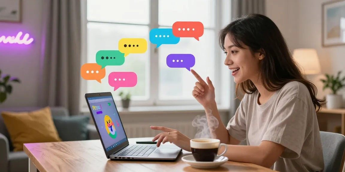 Engaging spicy chat scene depicting a woman in a cozy home office.