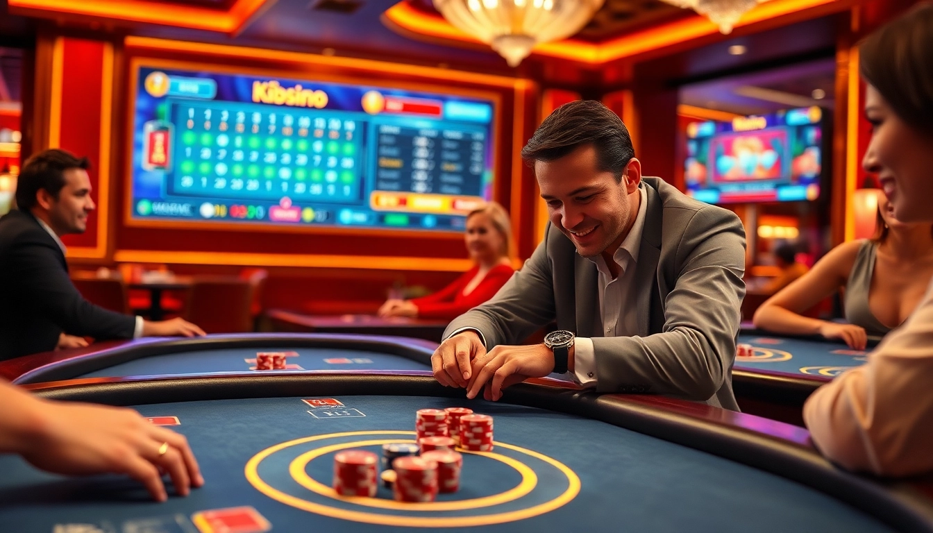 Players engaging in a game of tài xỉu md5 online, showcasing excitement and strategy in a luxurious casino.