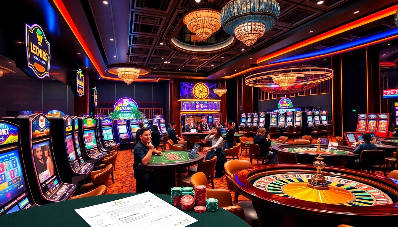 Xin88 players celebrating at a vibrant casino, showcasing thrilling slot machines and poker tables.