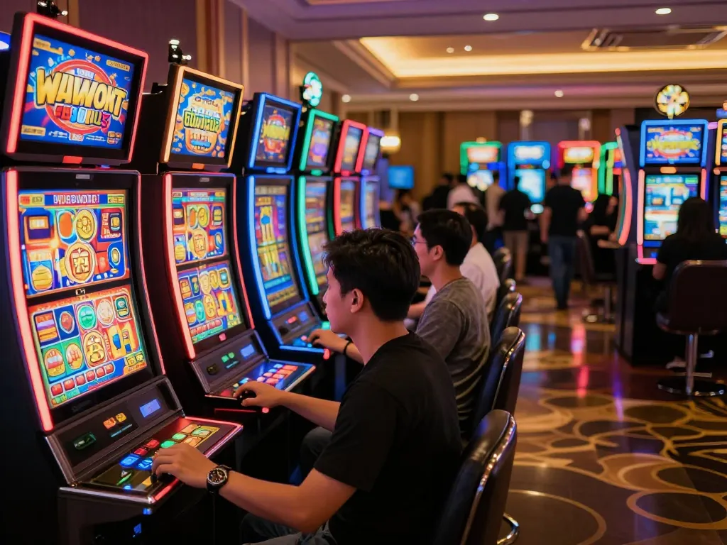 Sizzling action of players winning on situs slot machines with vibrant displays in a lively casino atmosphere