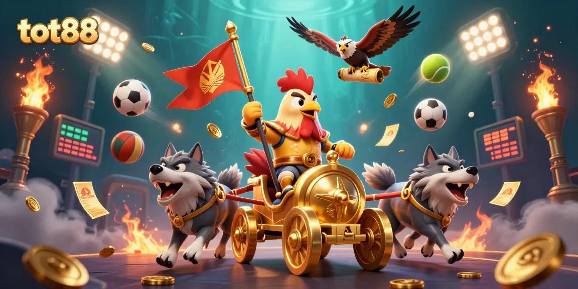 Experience thrilling sports betting action with tot88 amid a vibrant casino scene featuring a rooster warlord.