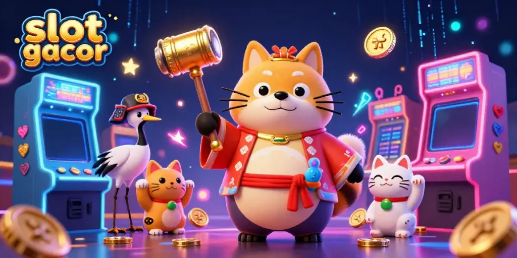 Engage with slot gacor excitement featuring a cheerful tanuki and vibrant 3D gaming elements.