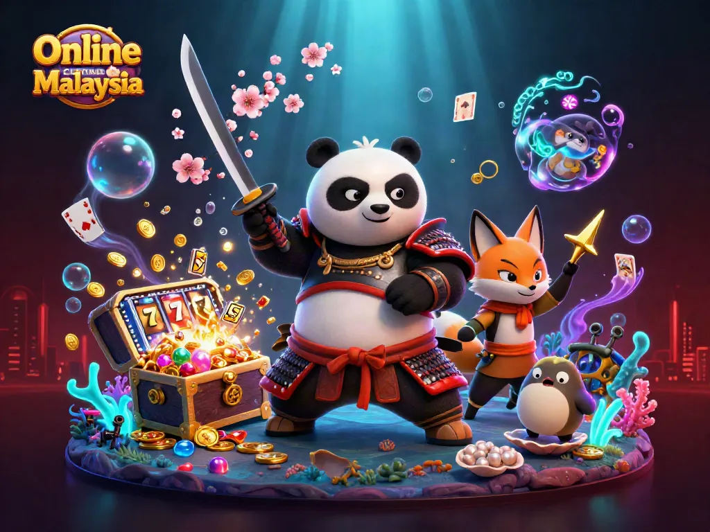 Experience the excitement of Online Casino Malaysia with a dynamic 3D scene featuring a samurai panda, ninja fox, and magical tanuki surrounded by slot elements.