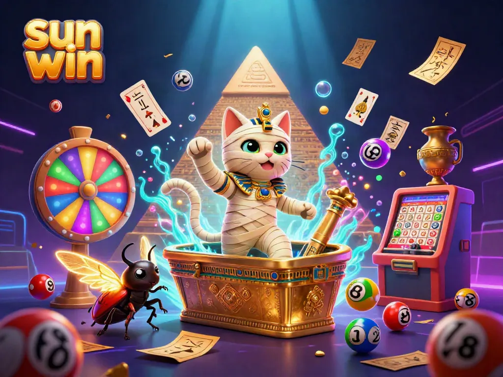 Engage with the sun win experience through vibrant scenes of a Egyptian mummy cat in a dynamic casino environment.