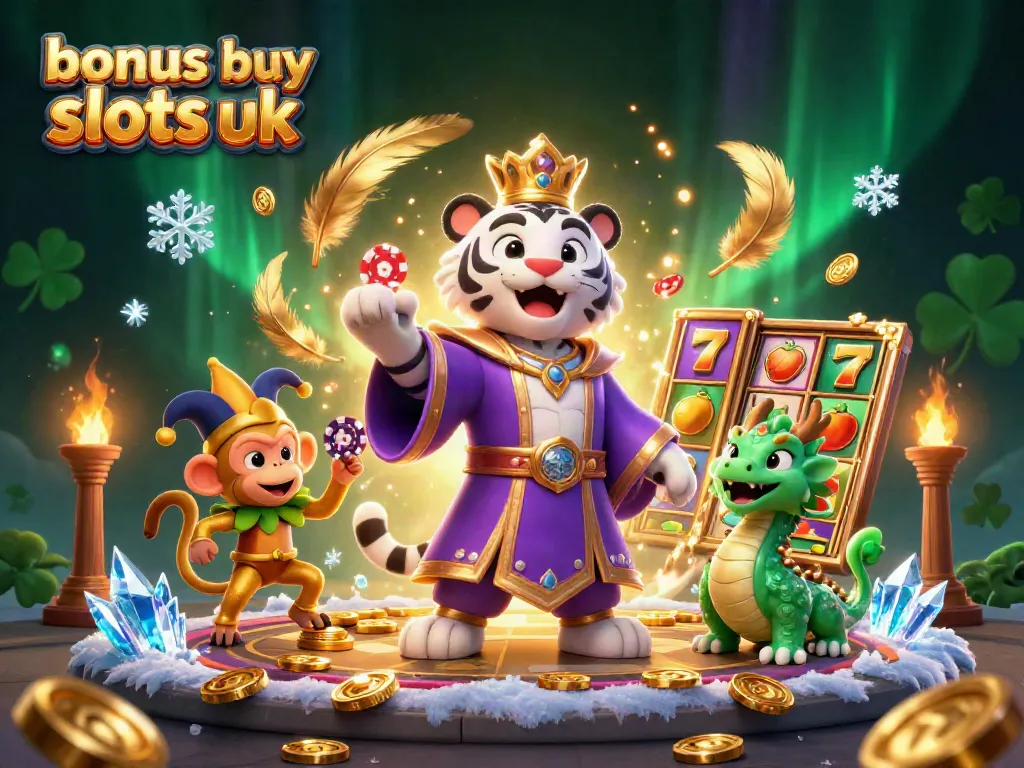 Engage with bonus buy slots uk featuring a royal tiger and lively monkey in a dazzling casino scene.
