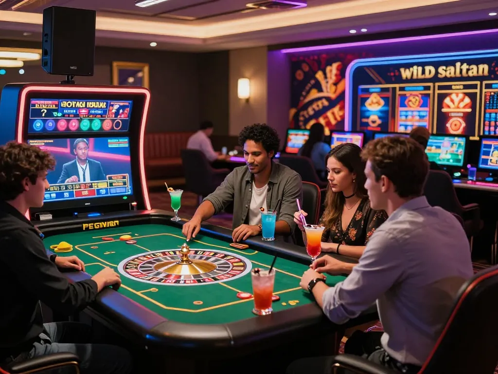 Exciting gaming scene at casino wild sultan showcasing friends enjoying roulette and vibrant digital interactions in a luxurious lounge.