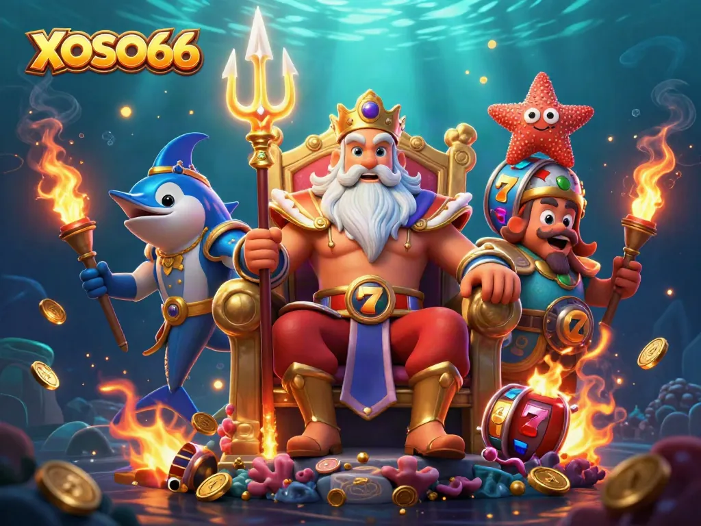 XOSO66 showcases a vibrant underwater casino scene with Neptune, a jackpot slot, and glowing elements promoting excitement.