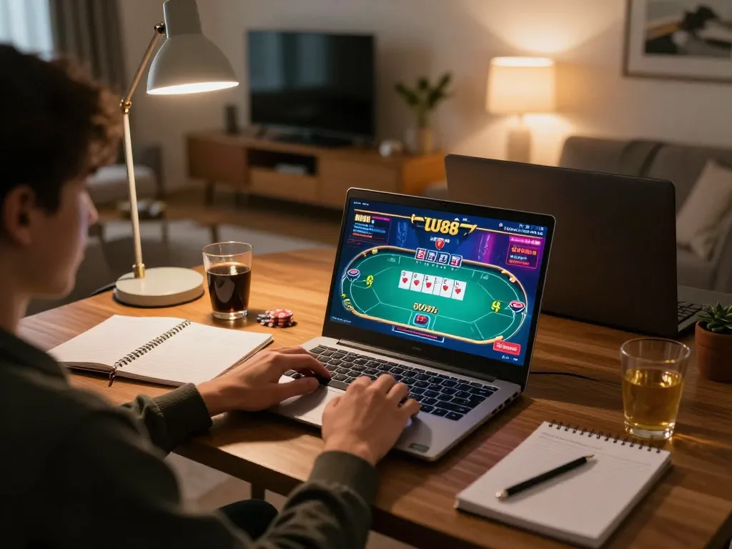 Engaging online gaming scene with uu88 poker interface, cozy home atmosphere, strategy notes visible.