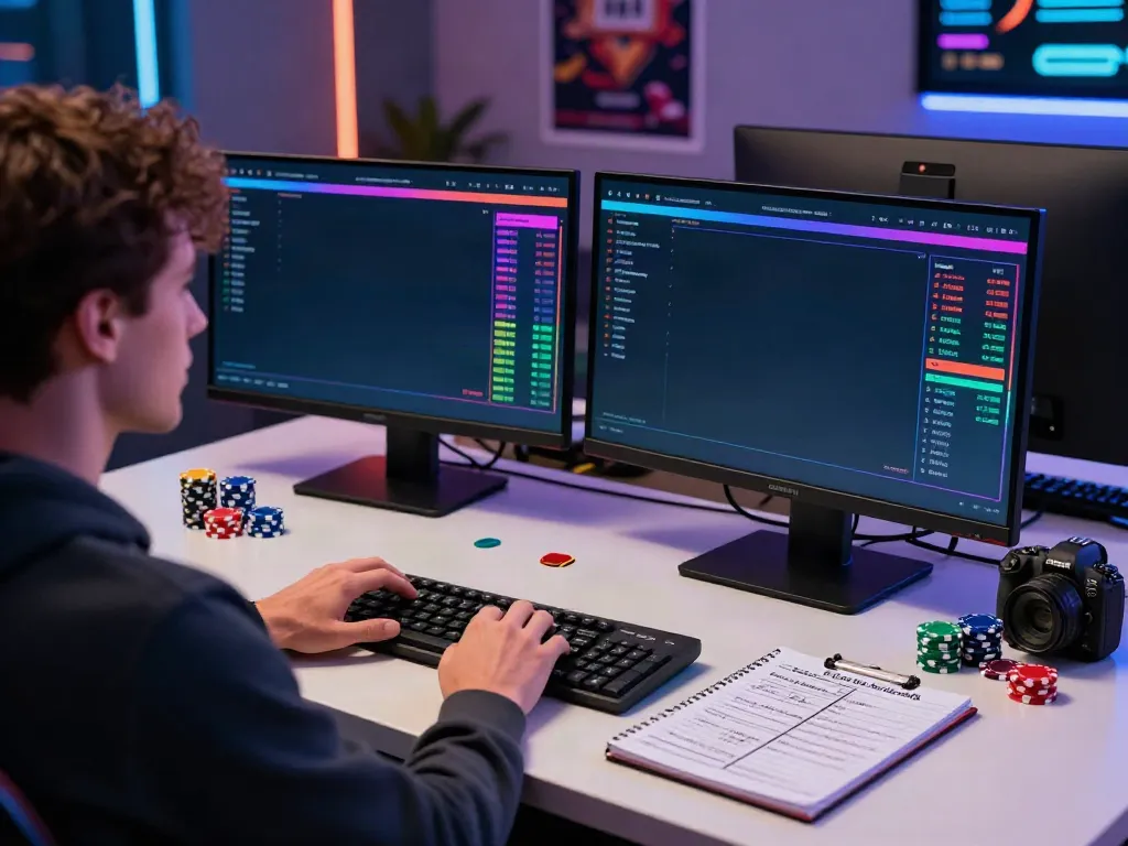 Engaged player at computer analyzing betting odds on https://xx88.day/ with gaming accessories in a modern room.