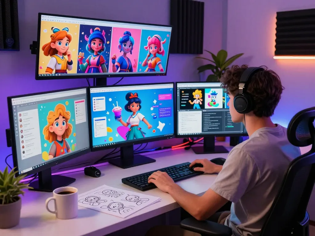 Explore the creative workspace dedicated to nsfw ai character design featuring vibrant screens and AI-generated aesthetics.