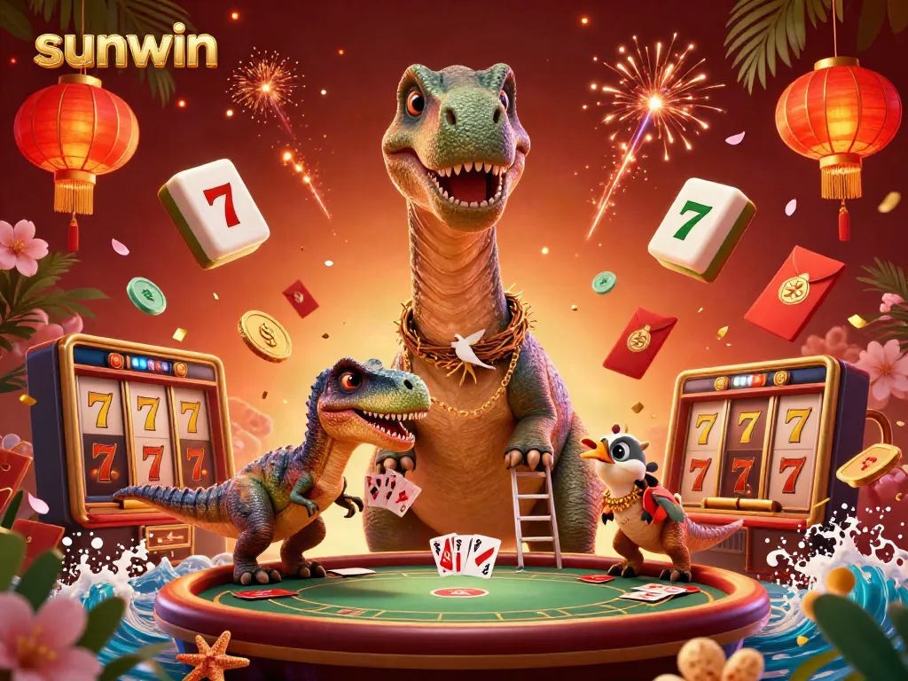 Experience the thrill of sunwin at a dynamic casino scene with a giant brontosaurus and clever raptor.