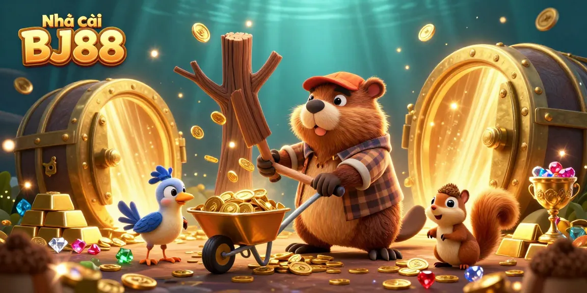 Engage with top-tier betting at Nhà cái BJ88, showcasing a lively casino scene with gold coins and treasures.