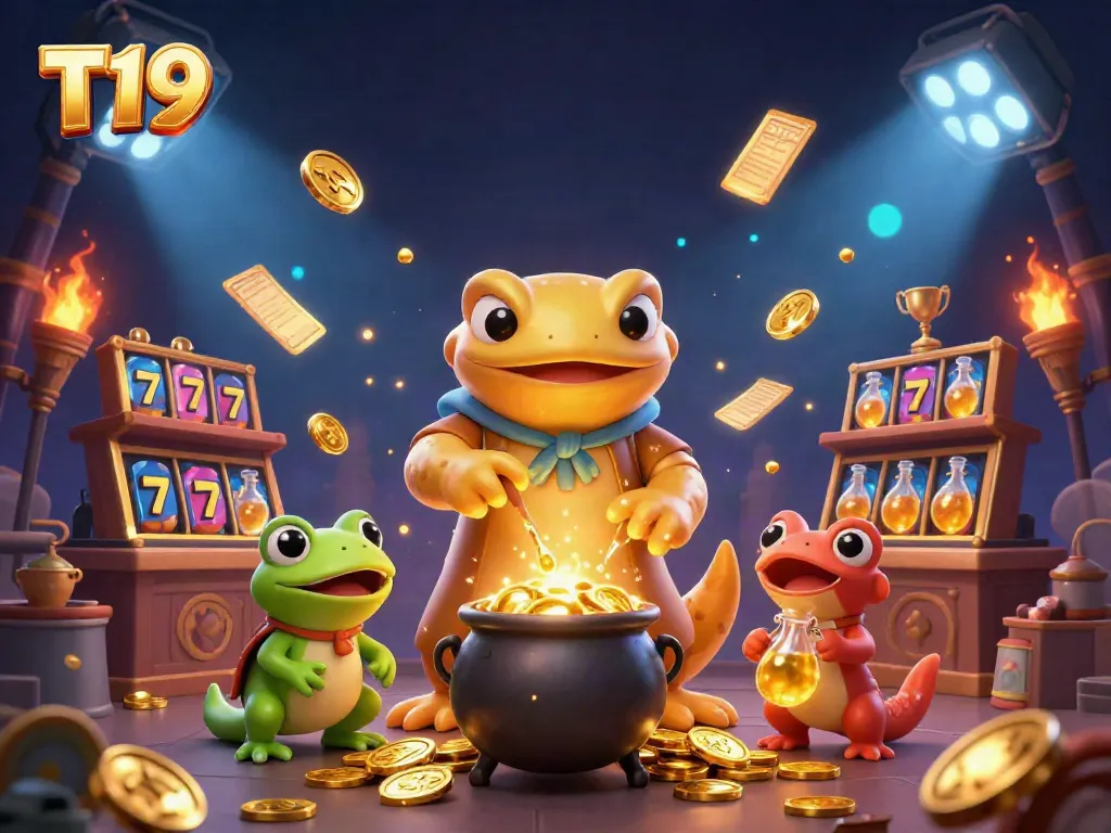 Experience exciting gaming with T19, featuring a golden alchemist and dynamic game elements in an illuminated scene.