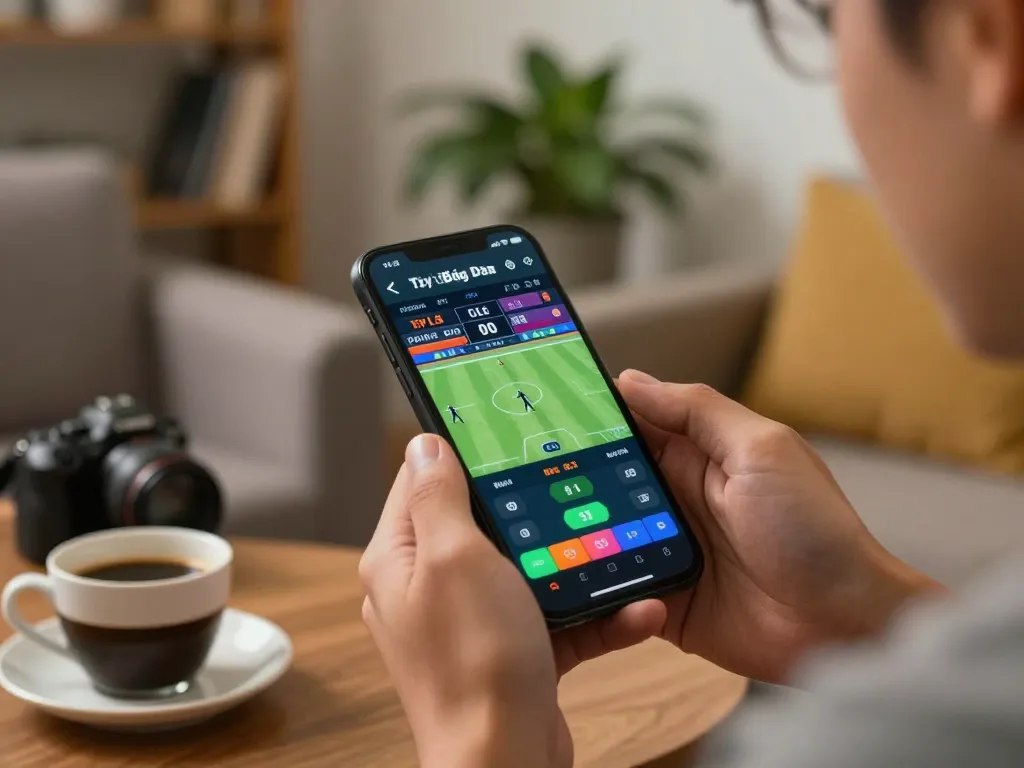 Tỷ Lệ Bóng Đá being actively bet on a smartphone in a cozy living room setting.