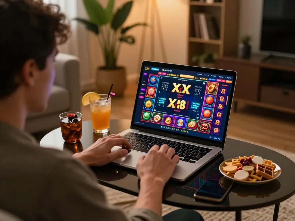 Engaging gameplay on XX 88 casino website from a cozy home setup with snacks.