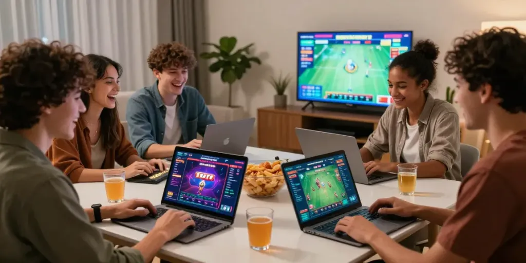 Friends playing UNSURTOTO online games in a cozy living room.