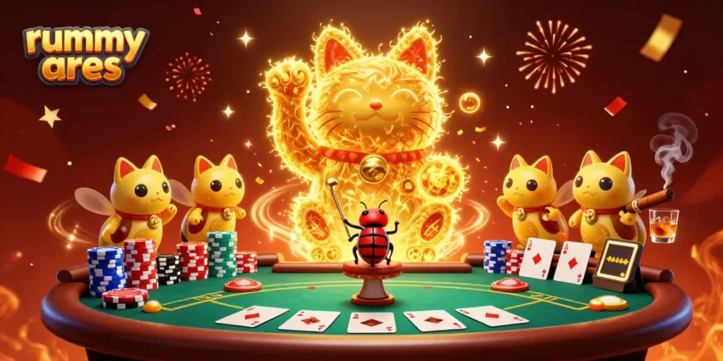 Experience the vibrant world of rummy ares with a dynamic lucky cat and playful fireflies in a casino setting.