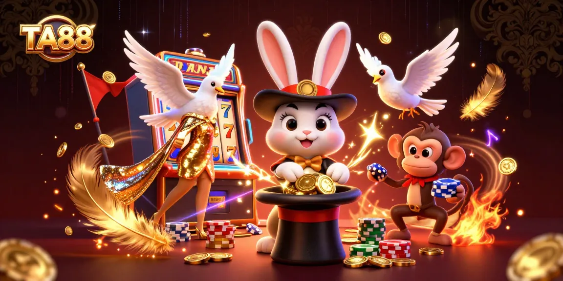 TA88 showcases a 3D scene with a magician rabbit, dove, and monkey in a lively casino setting